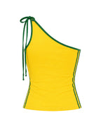 Ladies Brazil Shirt Yellow One Shoulder Crop Top for Football Game Night Tailgating