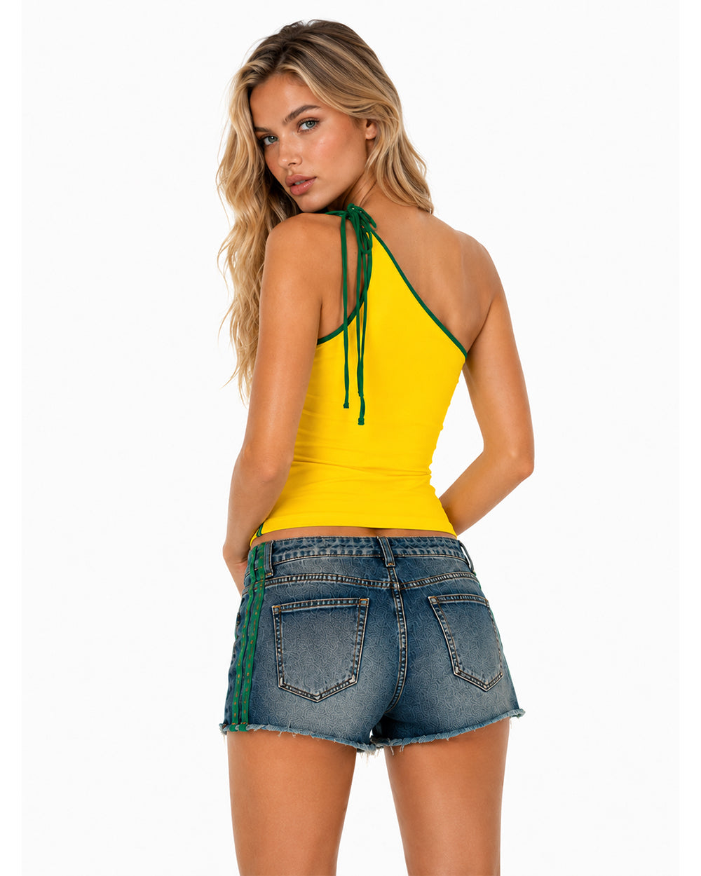Ladies Brazil Shirt Yellow One Shoulder Crop Top for Football Game Night Tailgating