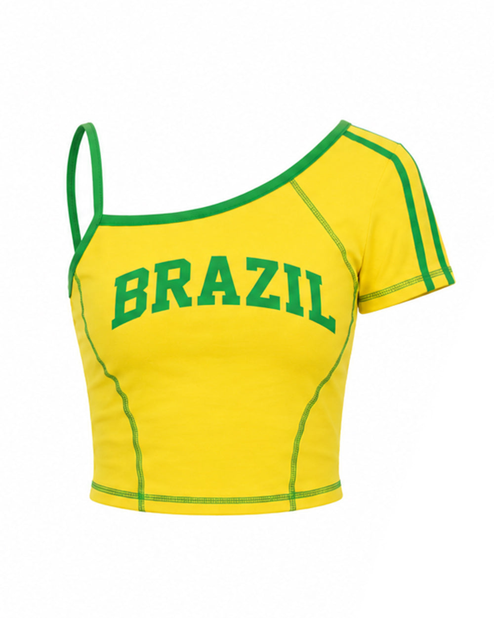 Ladies Brazil Soccer Jersey Yellow One Shoulder Crop Top for Sports Game Day Party Stadium Cheering