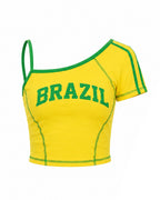 Ladies Brazil Soccer Jersey Yellow One Shoulder Crop Top for Sports Game Day Party Stadium Cheering