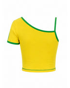 Ladies Brazil Soccer Jersey Yellow One Shoulder Crop Top for Sports Game Day Party Stadium Cheering