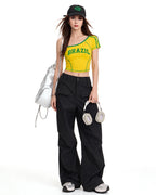 Ladies Brazil Soccer Jersey Yellow One Shoulder Crop Top for Sports Game Day Party Stadium Cheering
