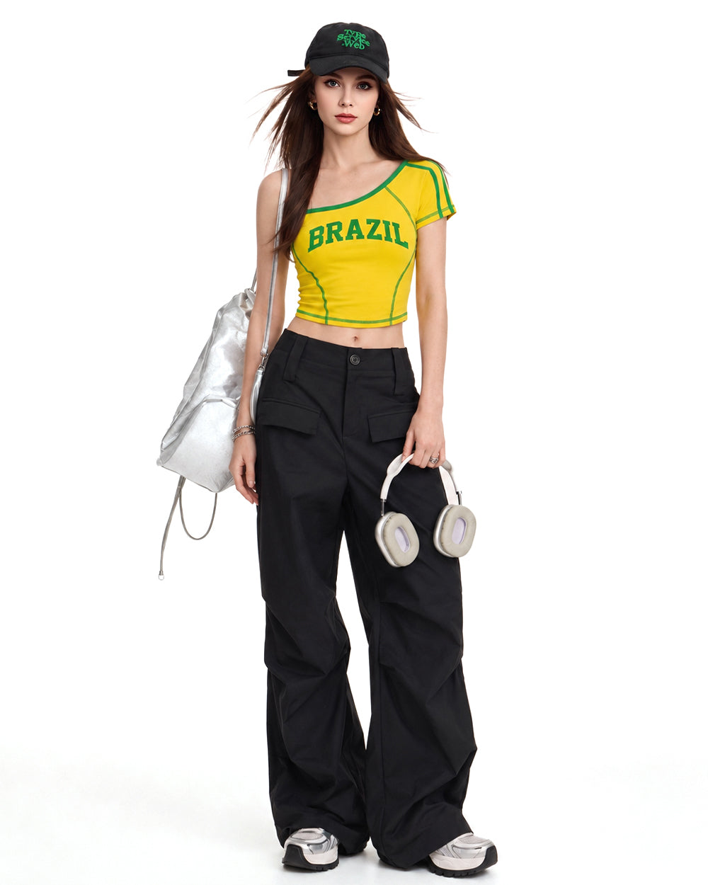 Ladies Brazil Soccer Jersey Yellow One Shoulder Crop Top for Sports Game Day Party Stadium Cheering