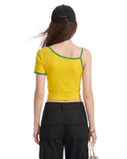 Ladies Brazil Soccer Jersey Yellow One Shoulder Crop Top for Sports Game Day Party Stadium Cheering