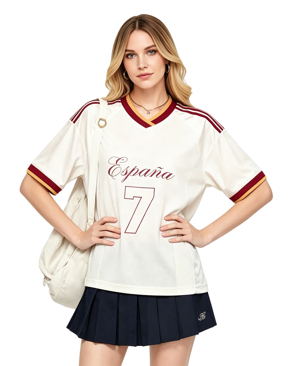 Lady Spain Jersey Cream White Oversized Mesh T Shirt for Football Game Day Watch Parties