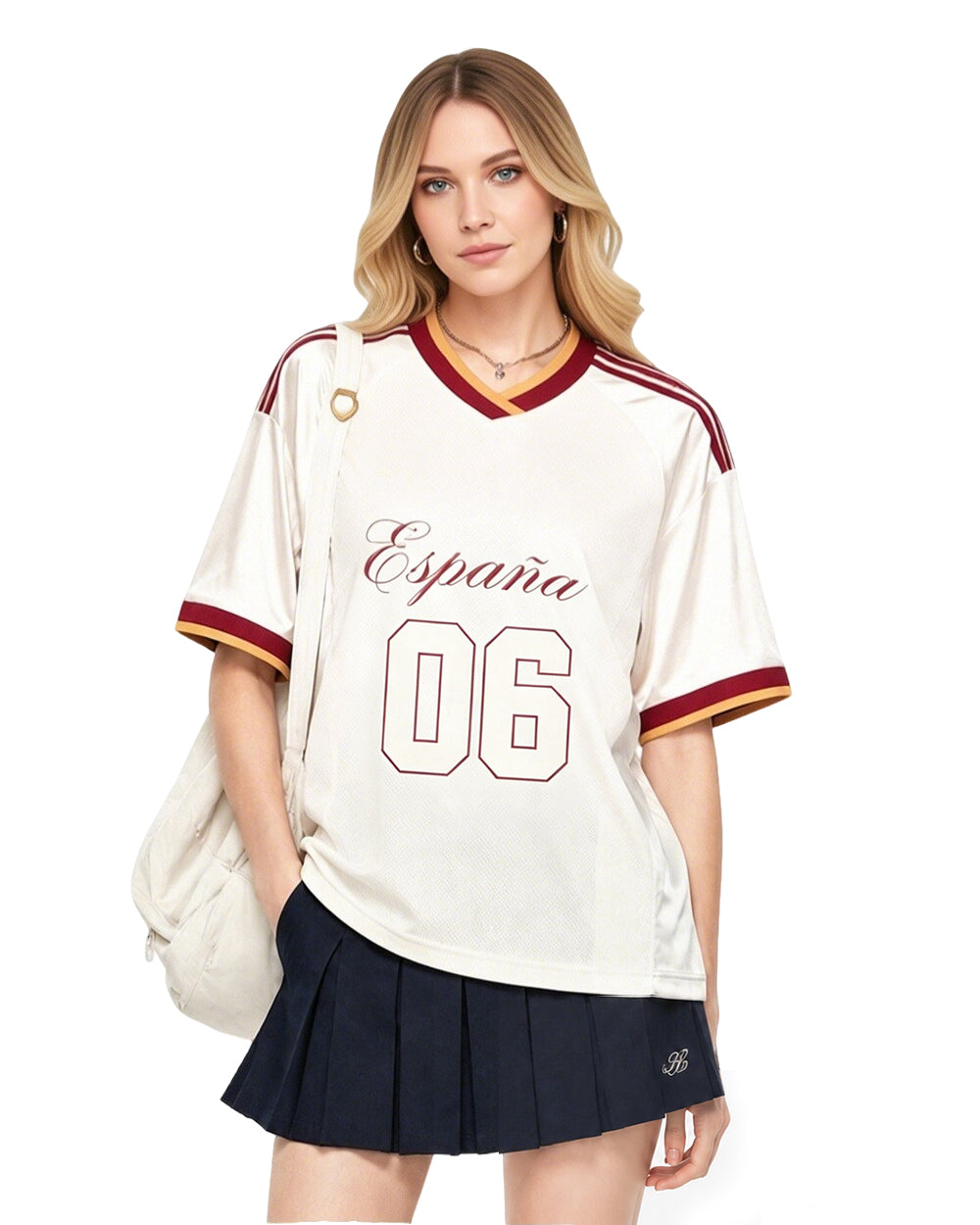 Lady Spain Jersey Cream White Oversized Mesh T Shirt for Football Game Day Watch Parties