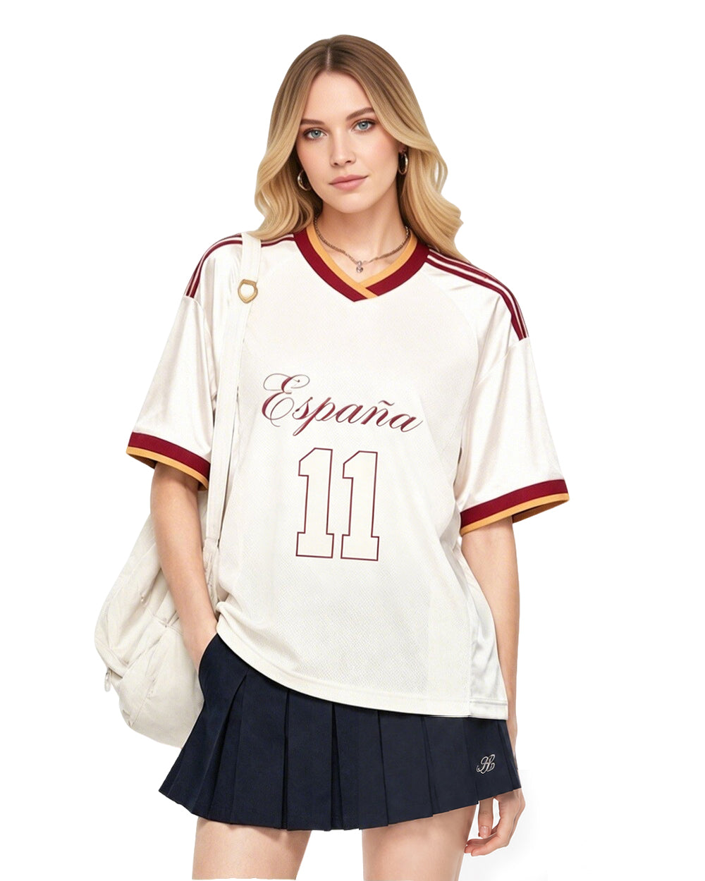 Lady Spain Jersey Cream White Oversized Mesh T Shirt for Football Game Day Watch Parties
