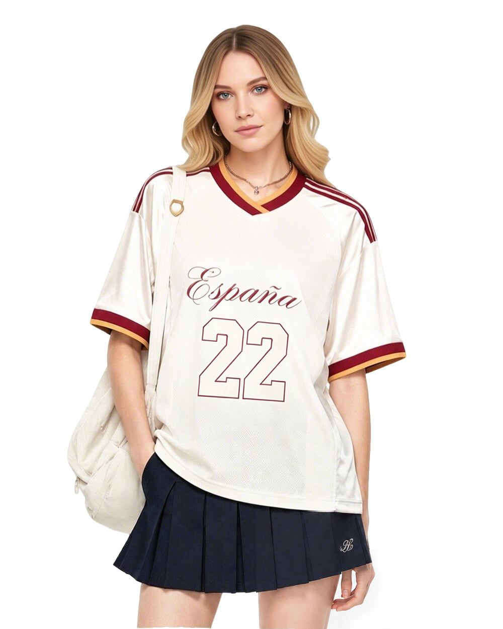 Lady Spain Jersey Cream White Oversized Mesh T Shirt for Football Game Day Watch Parties