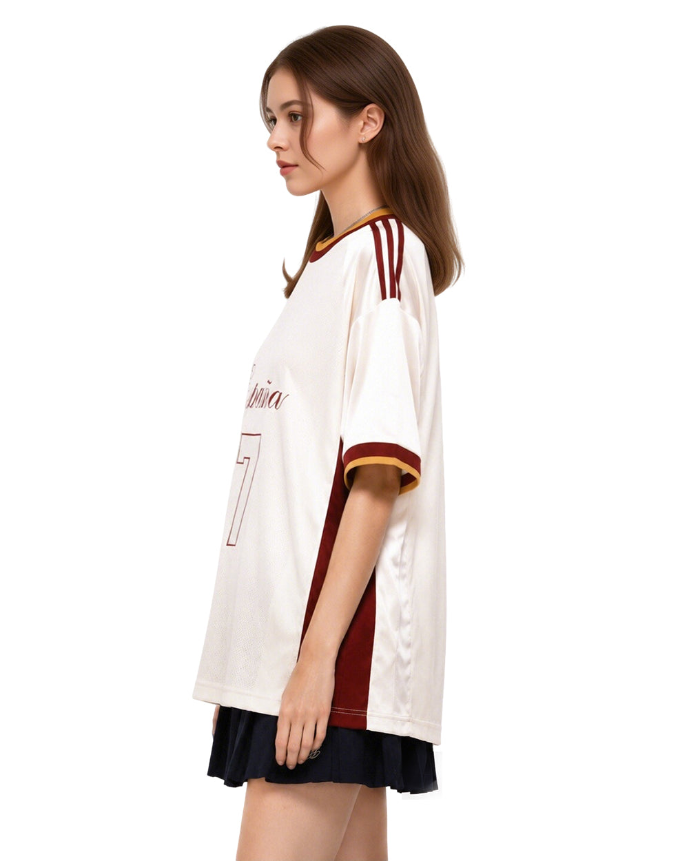 Lady Spain Jersey Cream White Oversized Mesh T Shirt for Football Game Day Watch Parties
