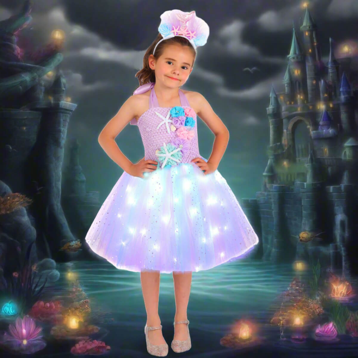 Light Up Princess Dress Mermaid Tutu Dress Glowing Birthday Dress with Headband