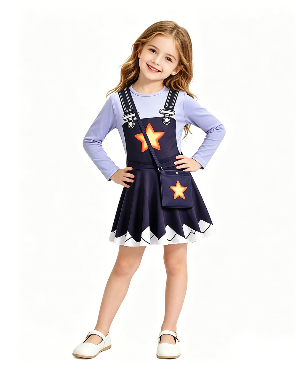 Creepy Doll Costume Purple Star Dress with Elastic Pants and Bag for Immersive Roleplay