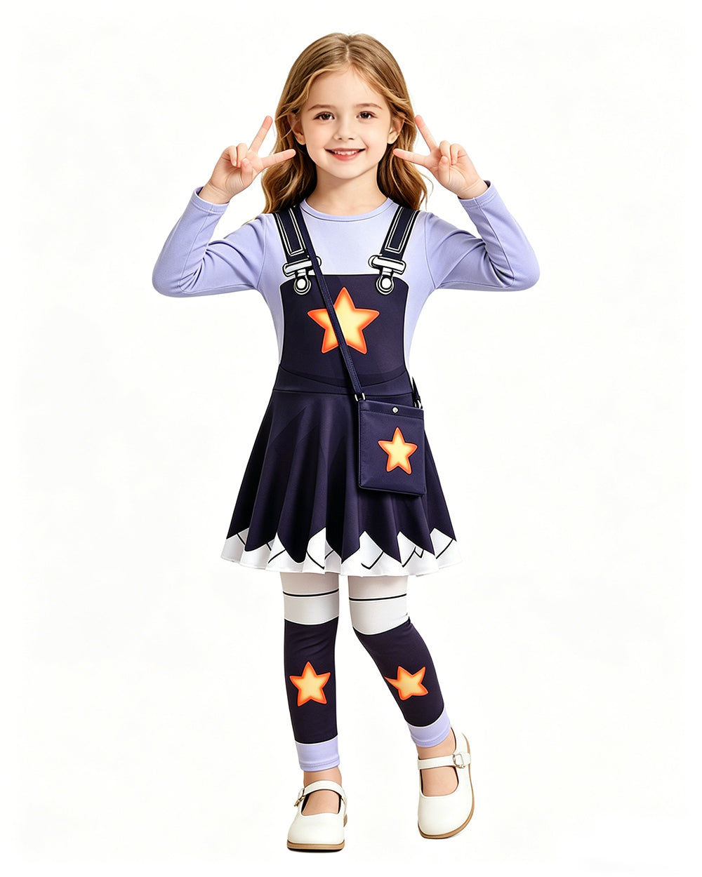 Creepy Doll Costume Purple Star Dress with Elastic Pants and Bag for Immersive Roleplay