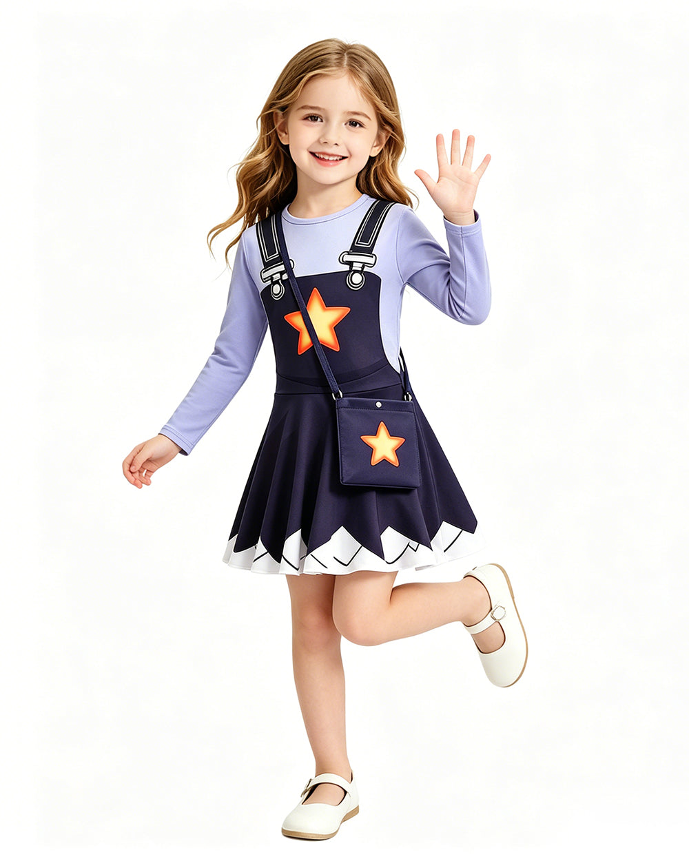 Creepy Doll Costume Purple Star Dress with Elastic Pants and Bag for Immersive Roleplay