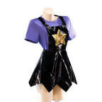 Women Purple Heart Braids Doll Costume PU Leather Dress with T-shirt and Matching Leg Sleeves for Theme Dress Up