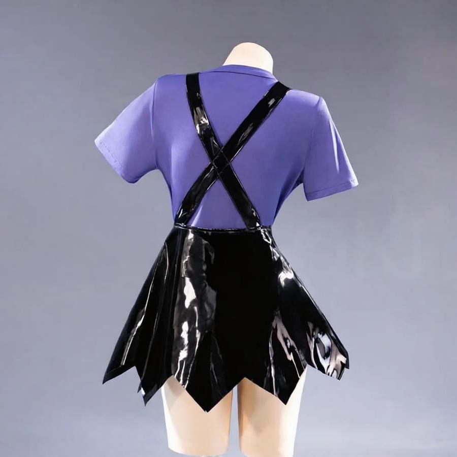 Women Purple Heart Braids Doll Costume PU Leather Dress with T-shirt and Matching Leg Sleeves for Theme Dress Up