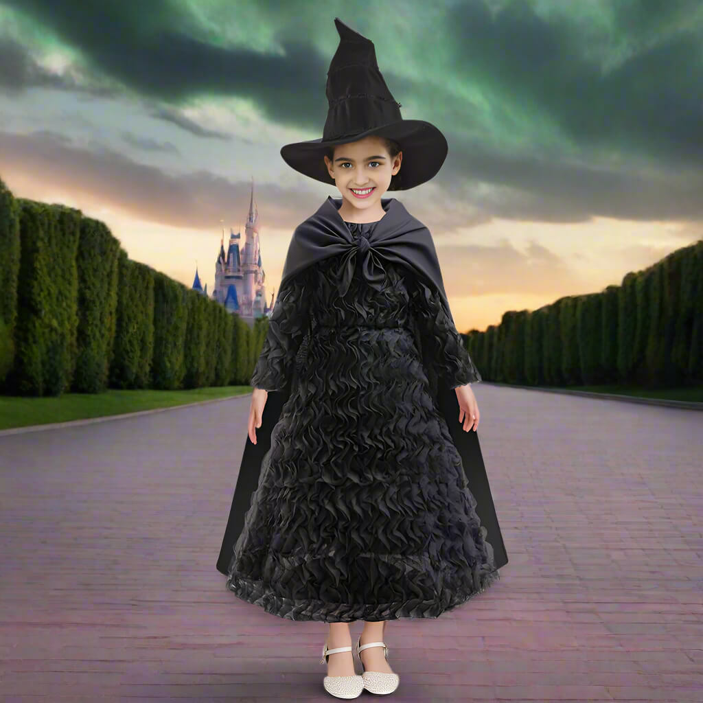 Girls Witch Costume Movie Musical Black Cosplay Witch Dress and Cape Outfit Set