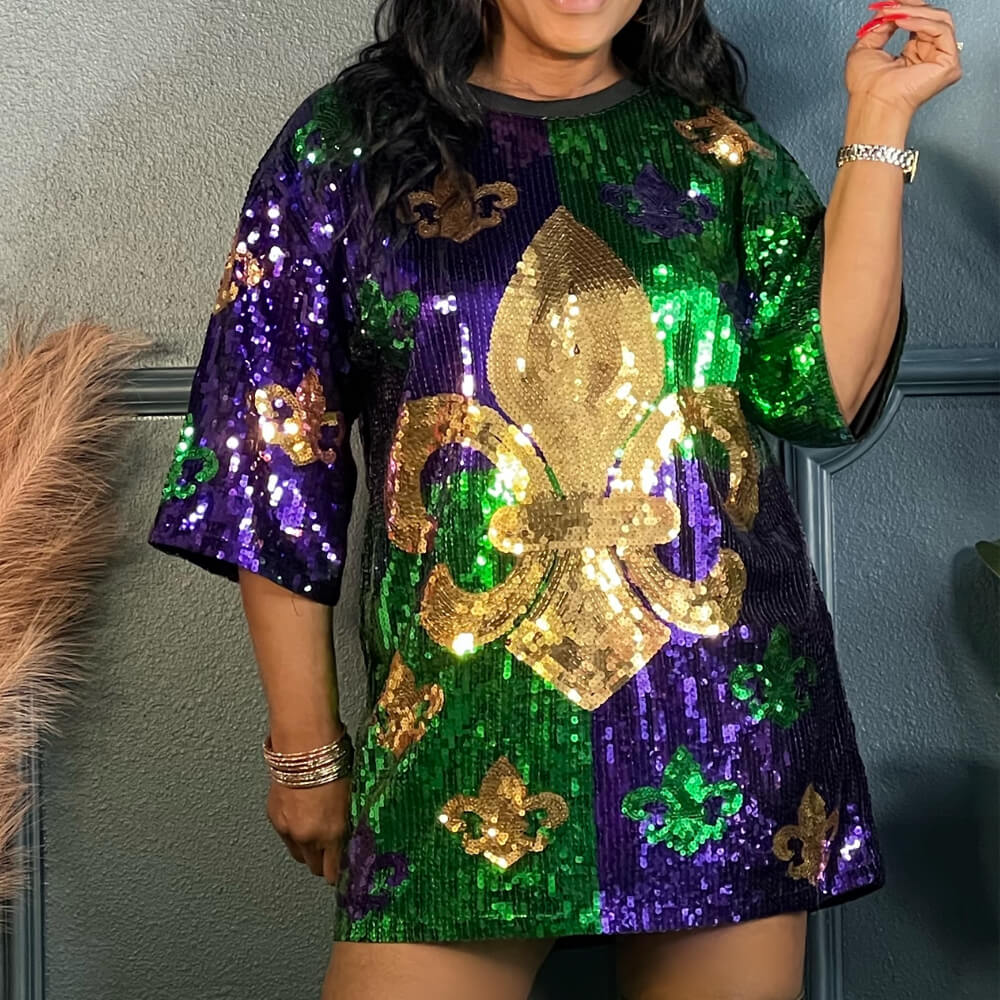 MardiGra Sequin Party Dress Casual Fleur De Lis Flower Shirt Carnival Costume for Women