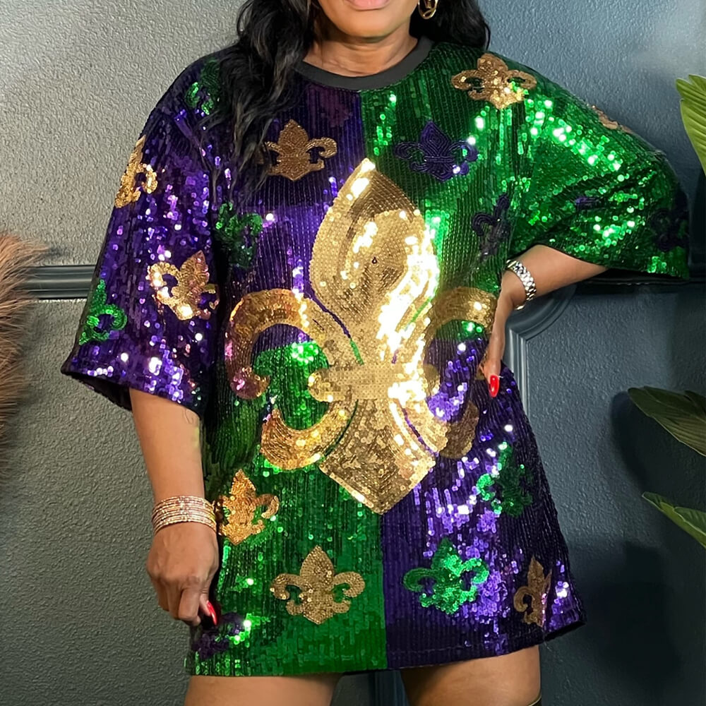 MardiGra Sequin Party Dress Casual Fleur De Lis Flower Shirt Carnival Costume for Women