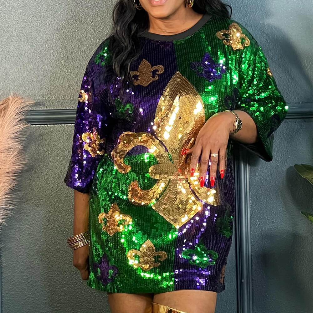 MardiGra Sequin Party Dress Casual Fleur De Lis Flower Shirt Carnival Costume for Women