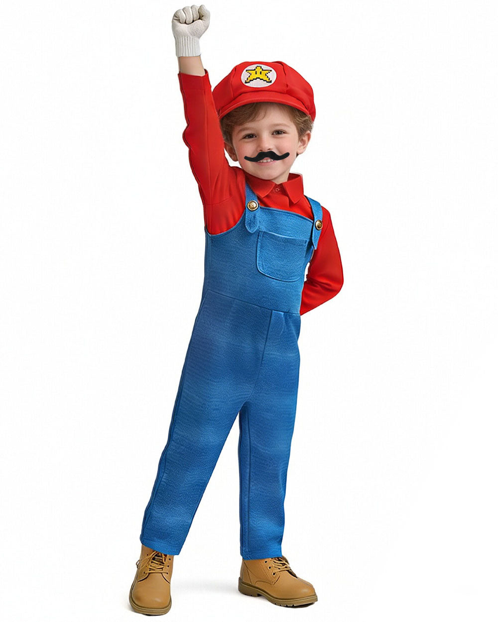 5pcs Super Plumber Brother Costume Shirt Overalls Hat  Gloves and Beard Set for Themed Party
