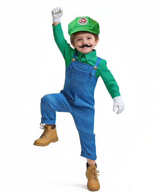 5pcs Super Plumber Brother Costume Shirt Overalls Hat Gloves and Beard Set for Themed Party