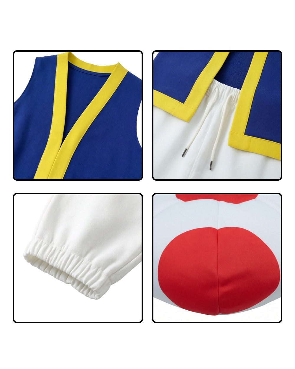 Mushroom Costume Blue Open-front Vest with White Pants and Plush Hat for Cosplay Party