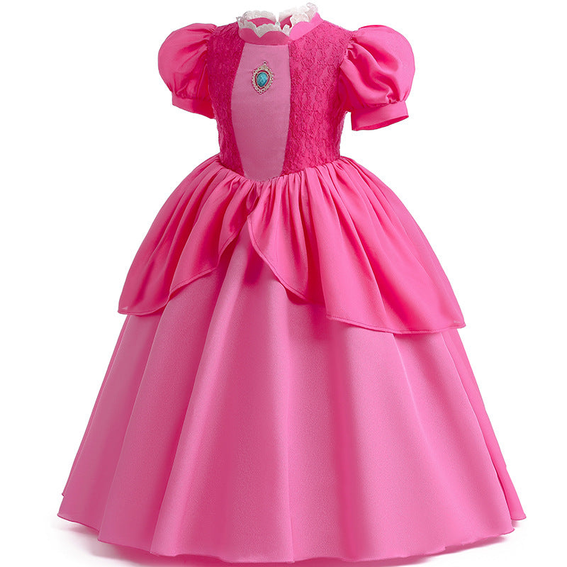 Pink Princess Ball Gown with Layered Tulle Puff Sleeves and Crown for Birthday Party Events