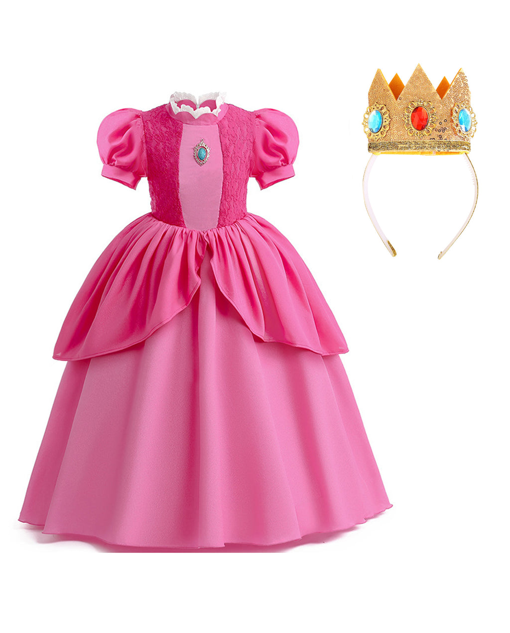 Pink Princess Ball Gown with Layered Tulle Puff Sleeves and Crown for Birthday Party Events