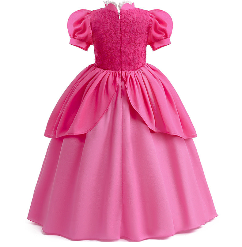 Pink Princess Ball Gown with Layered Tulle Puff Sleeves and Crown for Birthday Party Events
