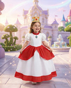 Pink Princess Ball Gown with Layered Tulle Puff Sleeves and Crown for Birthday Party Events