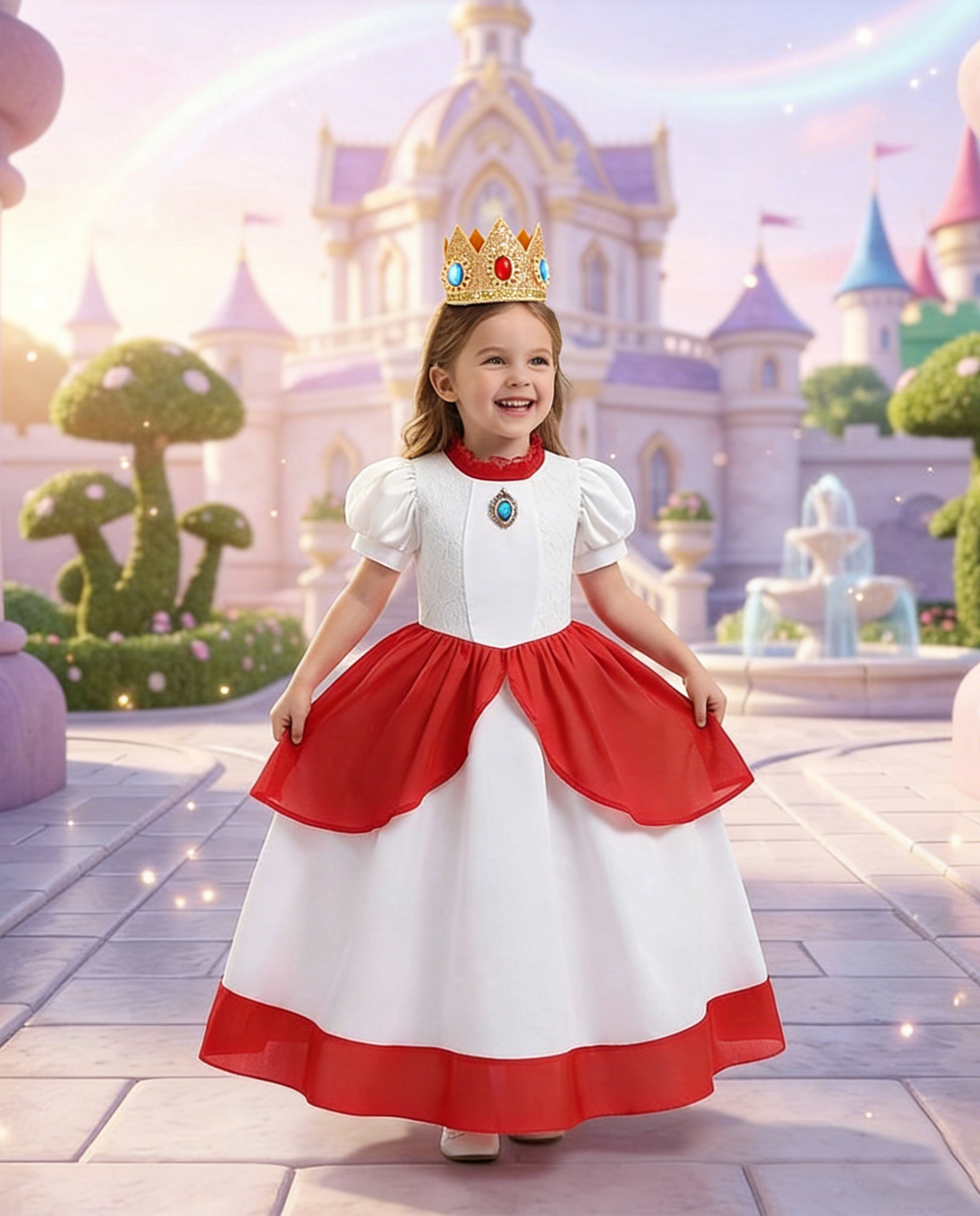 Pink Princess Ball Gown with Layered Tulle Puff Sleeves and Crown for Birthday Party Events