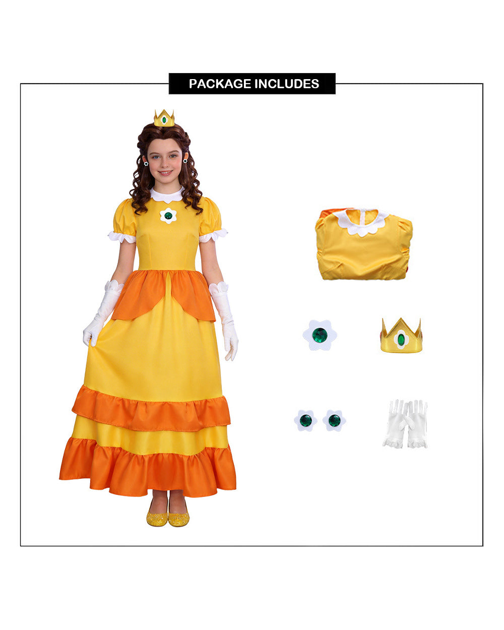 Yellow Flower Princess Costume Royal Gown with Ruffle Trim and Floral Accessories Full Set