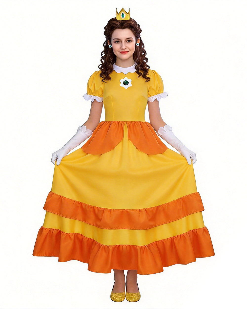 Yellow Flower Princess Costume Royal Gown with Ruffle Trim and Floral Accessories Full Set