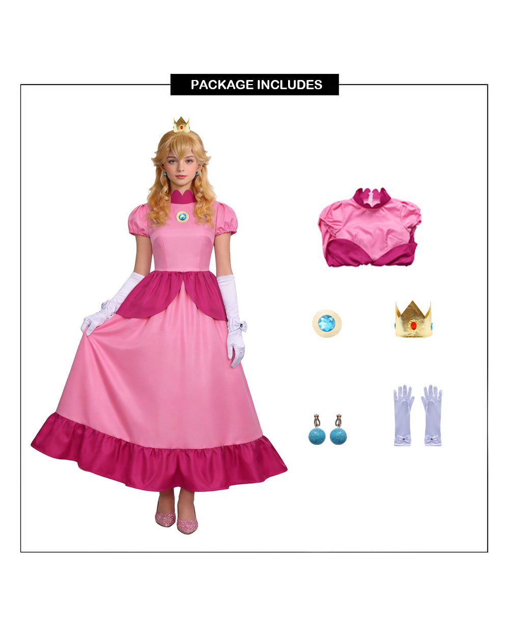 Pink Princess Cosplay Costume Set Dress with Crown Earrings Brooch and Long Gloves
