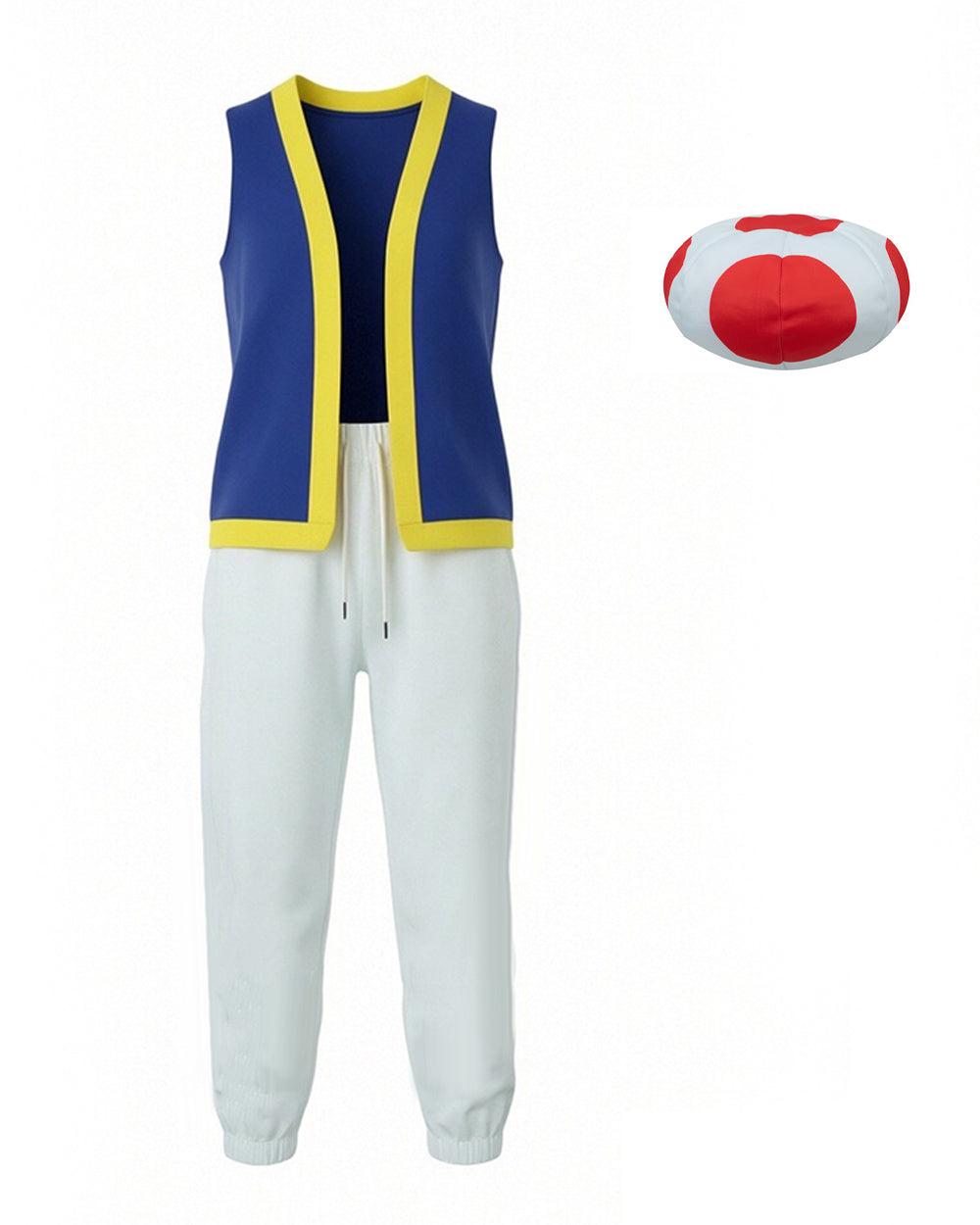 Mushroom Costume Blue Open-front Vest with White Pants and Plush Hat for Cosplay Party