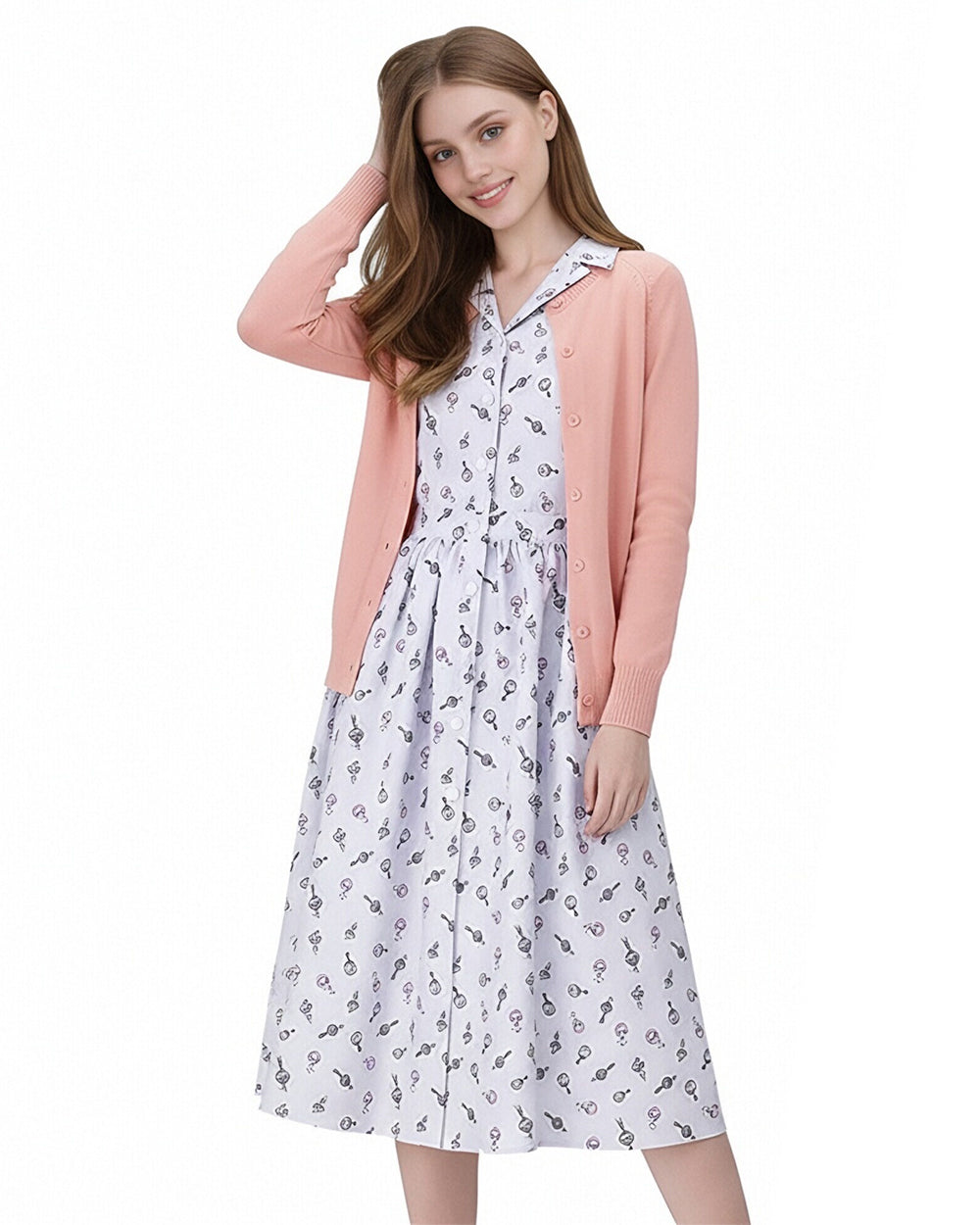 Musical Theater Teacher Costume Pink Cardigan and Floral Dress 2pcs Set for World Book Day