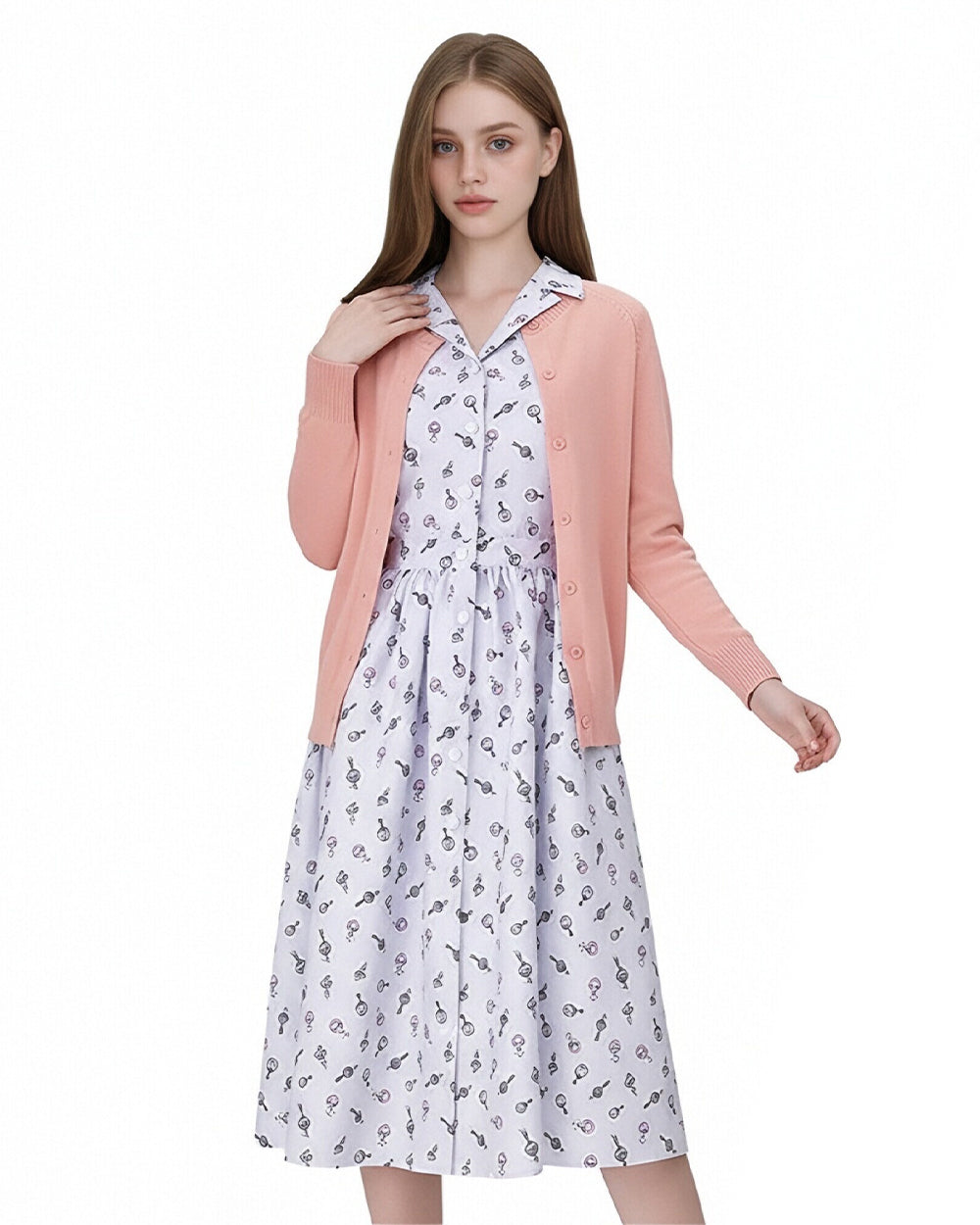 Musical Theater Teacher Costume Pink Cardigan and Floral Dress 2pcs Set for World Book Day