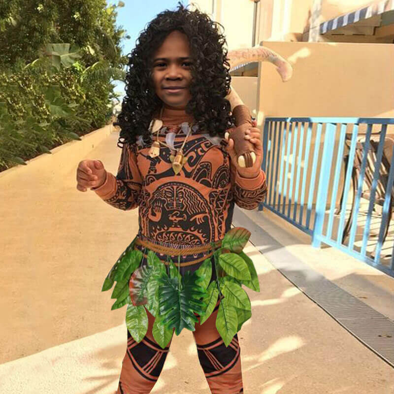 Maui Costume Boys/Man Halloween Cosplay Tattoo Shirt and Pants with Leaves Skirt