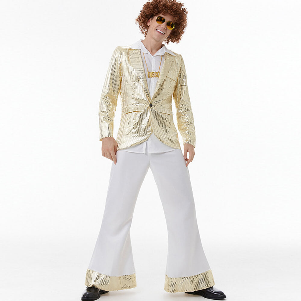 Mens Disco Costume 70's Outfits For Guys Sequin Tops Pants and White Shirt 3pcs Suit for Male