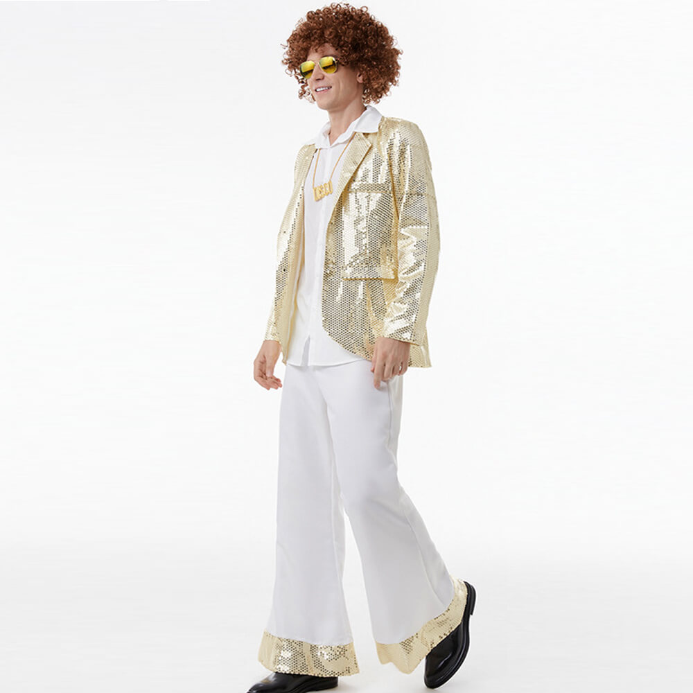 Mens Disco Costume 70's Outfits For Guys Sequin Tops Pants and White Shirt 3pcs Suit for Male