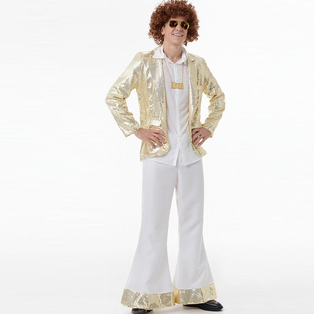 Mens Disco Costume 70's Outfits For Guys Sequin Tops Pants and White Shirt 3pcs Suit for Male