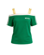 Women Green Mexico Soccer Fan T-shirt Off Shoulder Double Strap Cotton Tee for Football Game Night Lounging