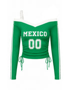 Mexico Womens Shirt Green Soccer Jersey Lace Strap Off Shoulder Ruched Tee for Sports Bar Game Night
