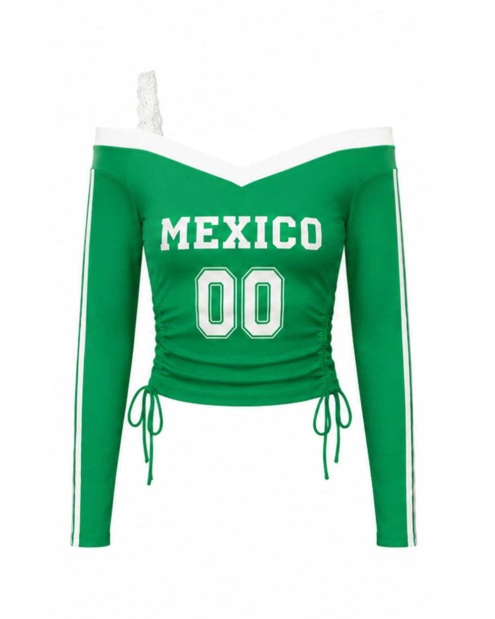 Mexico Womens Shirt Green Soccer Jersey Lace Strap Off Shoulder Ruched Tee for Sports Bar Game Night