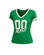 Women Green Mexico Soccer Fan T Shirt V Neck Slim Fit Cotton Tee for Football Bar Watching Casual Streetwear