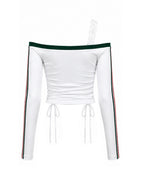 Mexico Female Jersey White Y2K Long Sleeve Lace Strap Off Shoulder Shirt for Football Game Night Tailgating