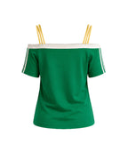 Women Green Mexico Soccer Fan T-shirt Off Shoulder Double Strap Cotton Tee for Football Game Night Lounging
