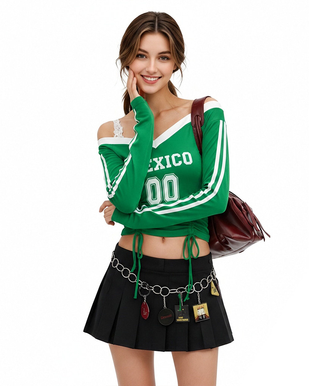 Mexico Womens Shirt Green Soccer Jersey Lace Strap Off Shoulder Ruched Tee for Sports Bar Game Night