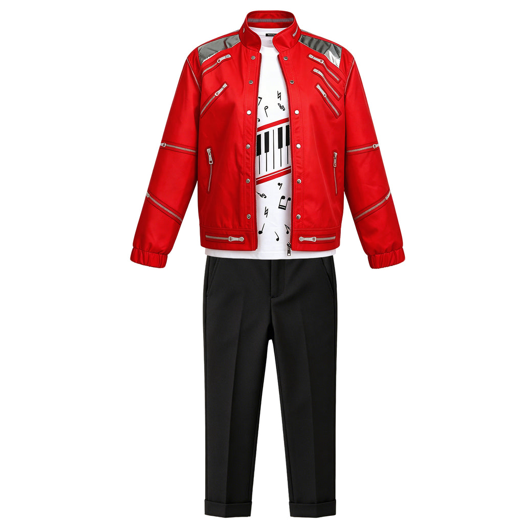 Kids Pop King Costume Retro 80s Red Tops Pants and Shirt Outfit for Stage Performance