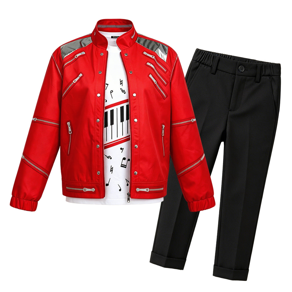 Kids Pop King Costume Retro 80s Red Tops Pants and Shirt Outfit for Stage Performance